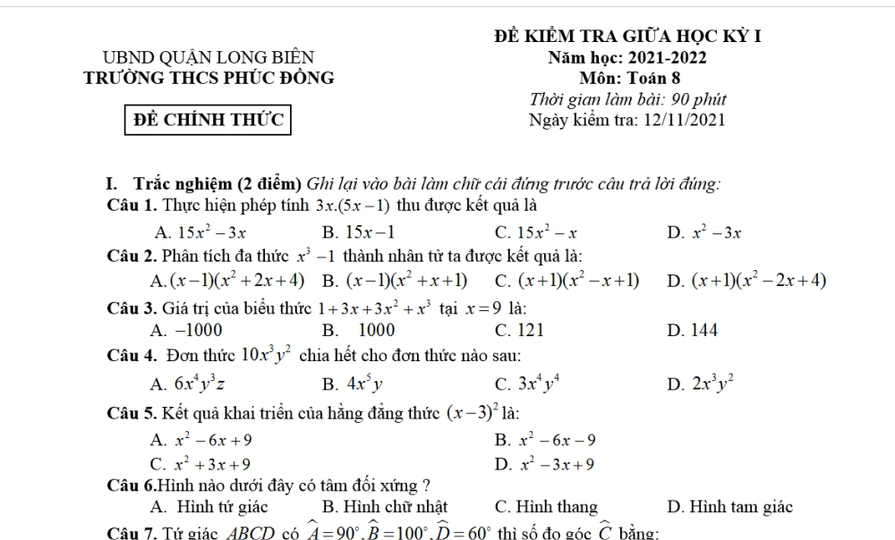 Toán 8: Đề kiểm tra giữa học kỳ 1. Trường THCS Phúc Đồng năm học 2021-2022